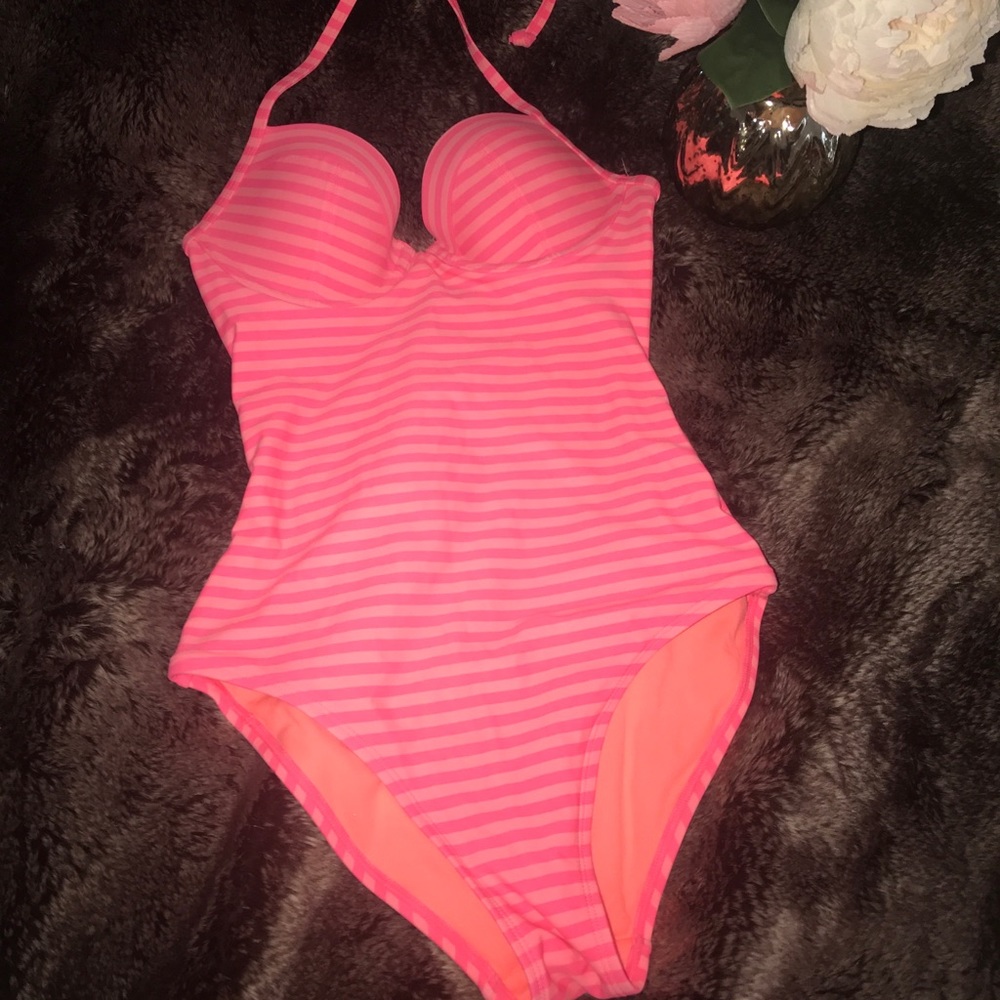 🌈Neon orange/pink striped Swimsuit S EUC